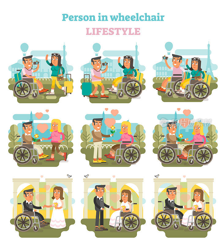 Wheelchair person lifestyle vector illustration collection.